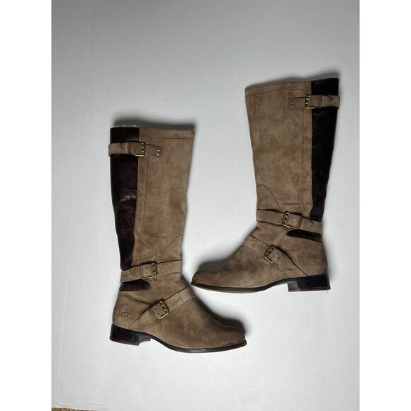 UGG Cyndee Riding Boots Suede and Leather Brown and Tan, Sherpa Lined, Size 7 - Picture 2 of 7